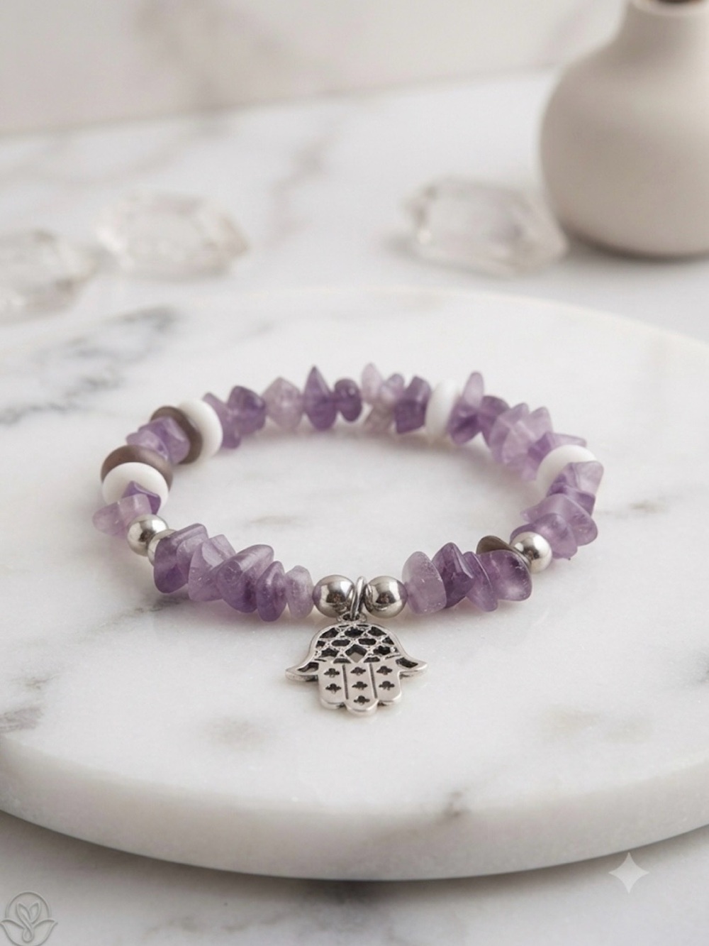 Amethyst Chip Stretch Bracelet with Hamsa Charm - Purple
